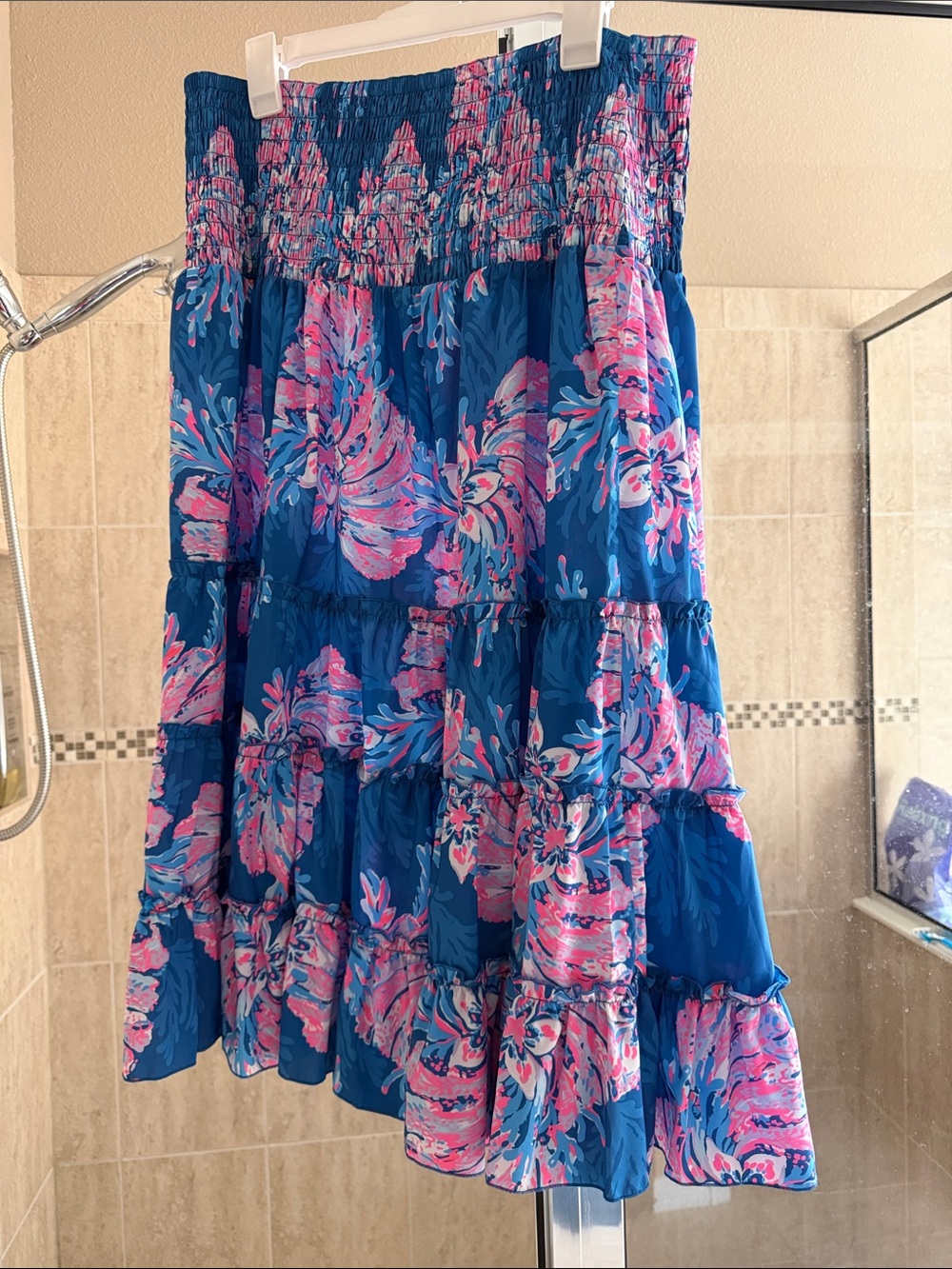 Lilly Pulitzer Blue & Pink Floral Smocked Tiered Skirt